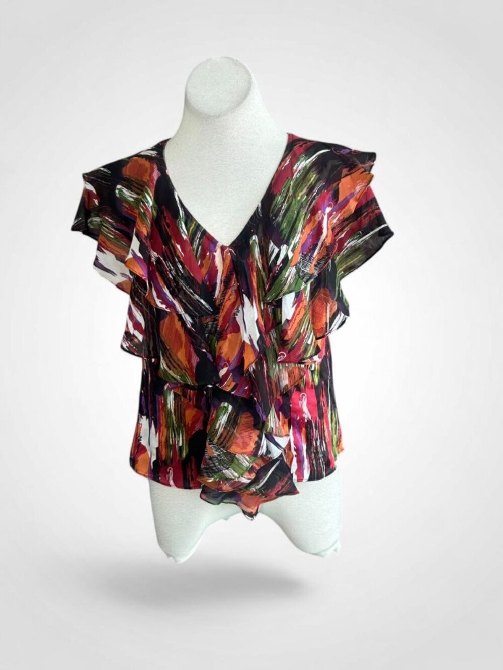 LaRok Blouse 100% Silk Abstract Ruffled Blouse Size Medium